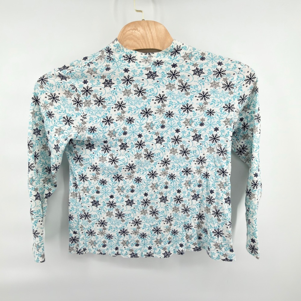 NorthCrest Womens Large Top Shirt Mock Neck Long Sleeve Snowflake Blue Cotton L